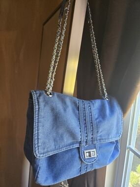 Blue Denim Shoulder Bag with Chain Strap
